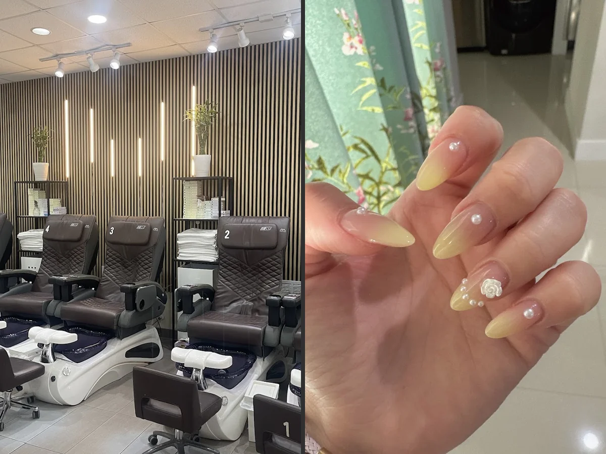 Close-up of polished nails and nail art.