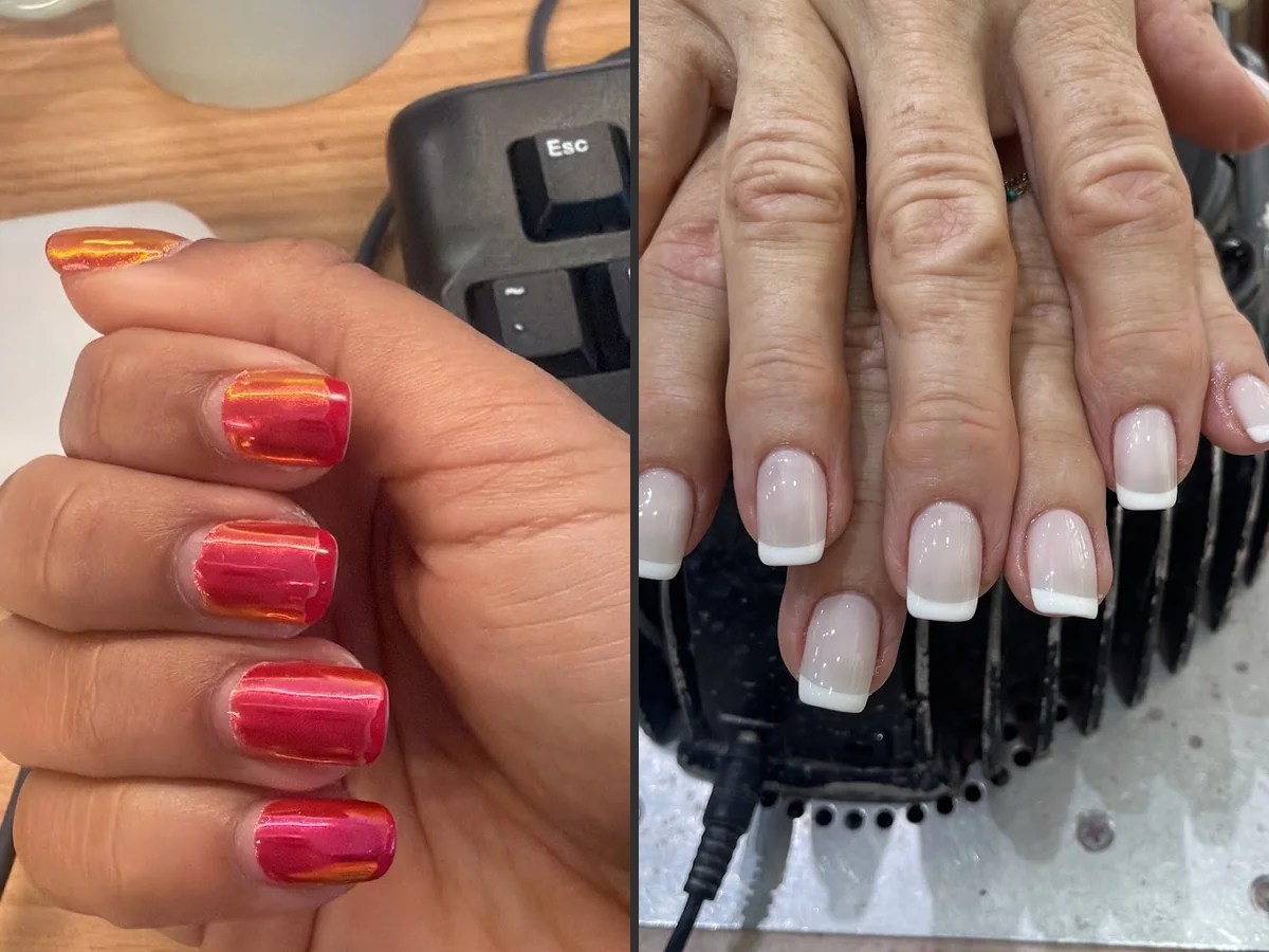 Close-up of polished nails and nail art.